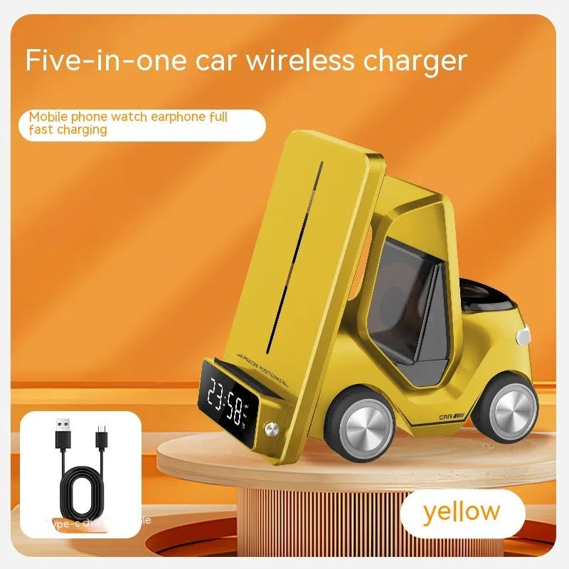Grey 15W three-in-one wireless charging stand holding a phone, watch, and earbuds