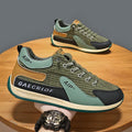 Men's grey and green mesh running shoes with lace-up closure and round toe design