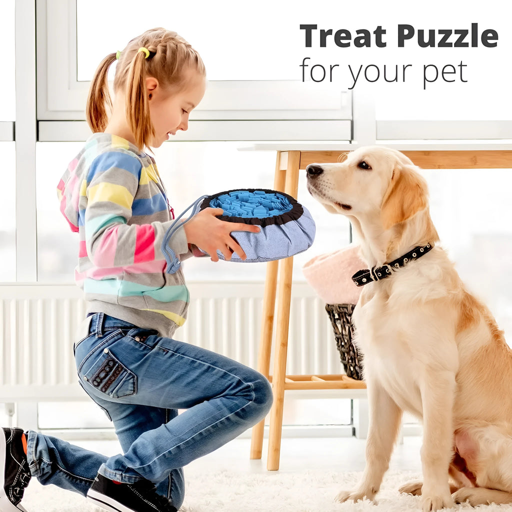 Large blue adjustable dog snuffle mat with fleece strips for slow feeding and enrichment