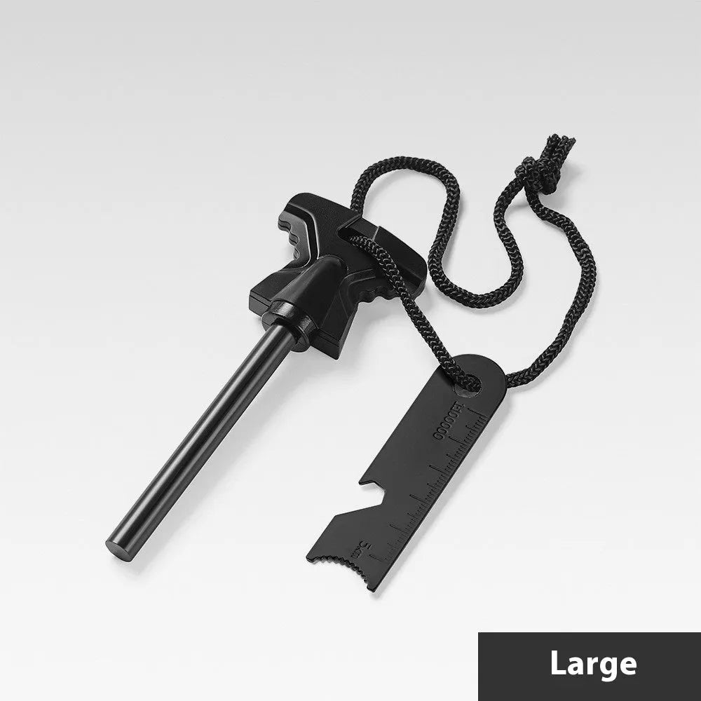 Butterfly-shaped stainless steel firestone survival tool with doctor blade and bottle opener.