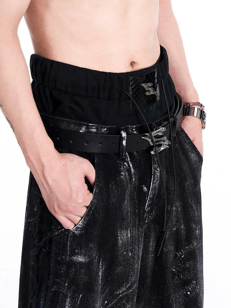 Black men's leather belt with metal letter buckle on two-layer cowhide strap.