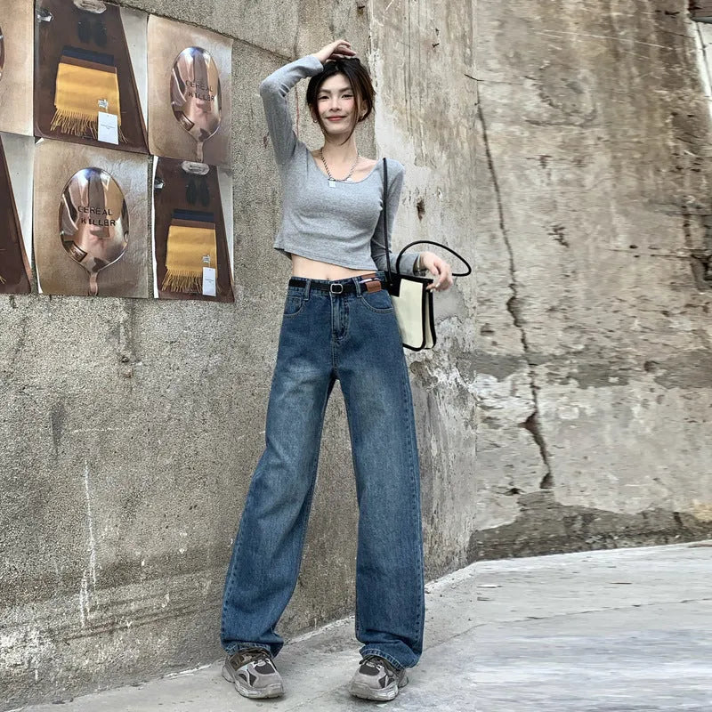 Women's straight leg jeans in retro blue cotton denim with high waist design