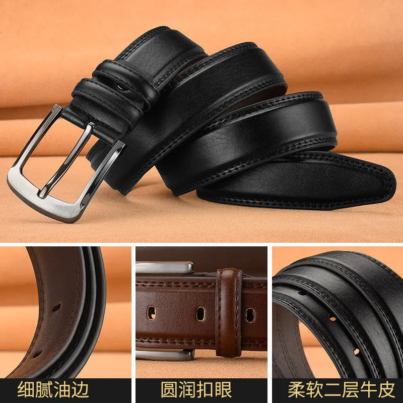 Men's pin buckle cowhide belt in genuine leather with alloy buckle, black colour, 125cm length