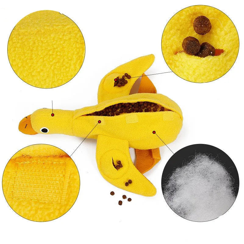 Yellow bone-shaped dog training toy with built-in duck sound chip and treat leakage compartments