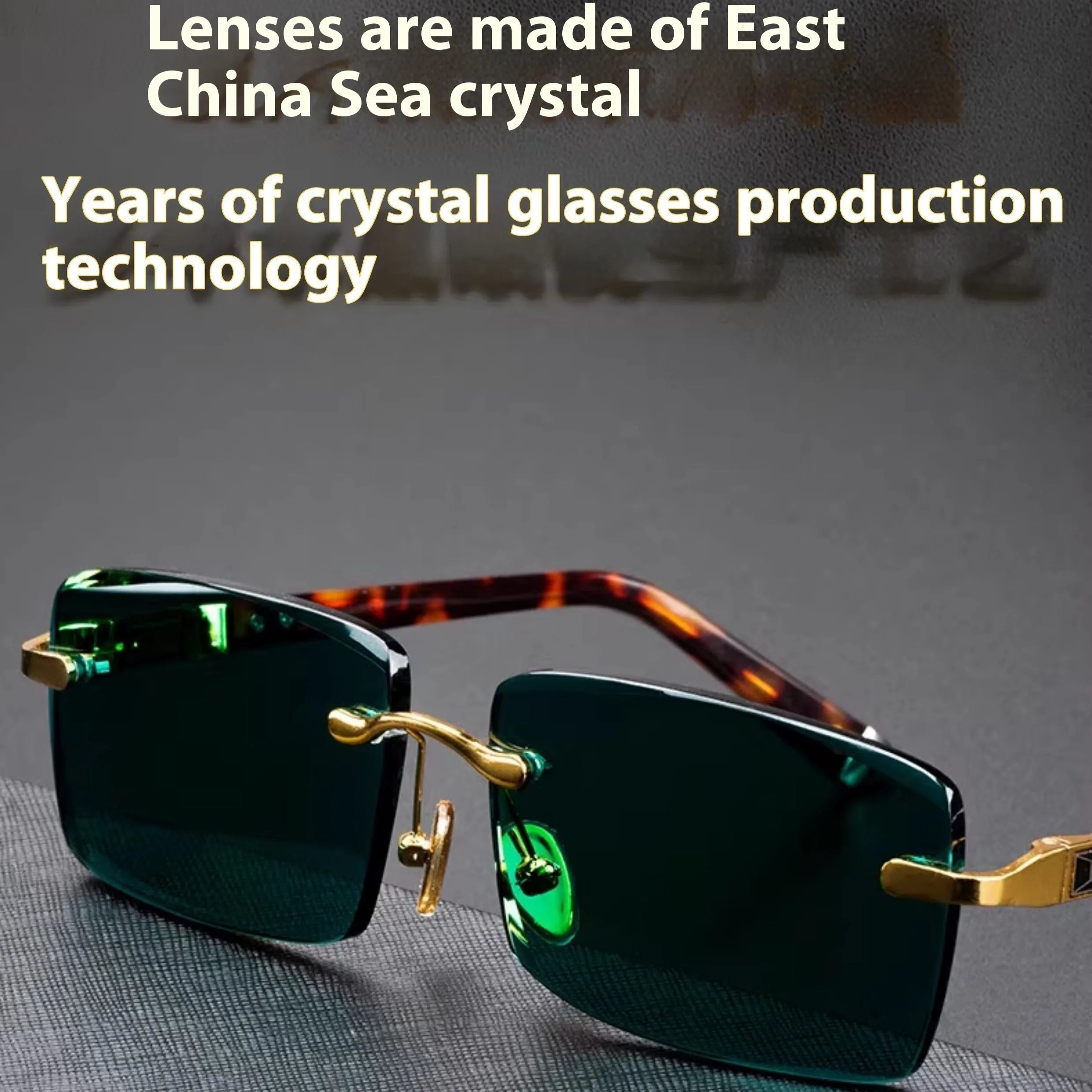 Frameless sunglasses with dark green lenses displayed alongside a protective hard case and cleaning cloth.