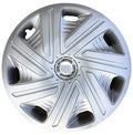 Universal silver ABS plastic wheel hub cover for car decoration in 13 to 16 inch sizes.