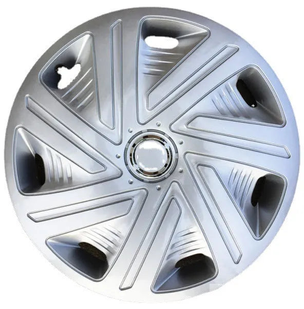 Universal silver ABS plastic wheel hub cover for car decoration in 13 to 16 inch sizes.