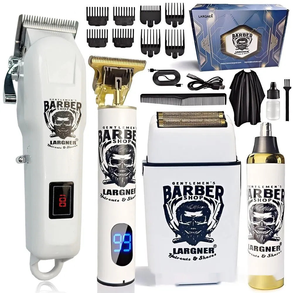 Rechargeable stainless steel hair clipper with USB charging port and 4-in-1 accessory kit