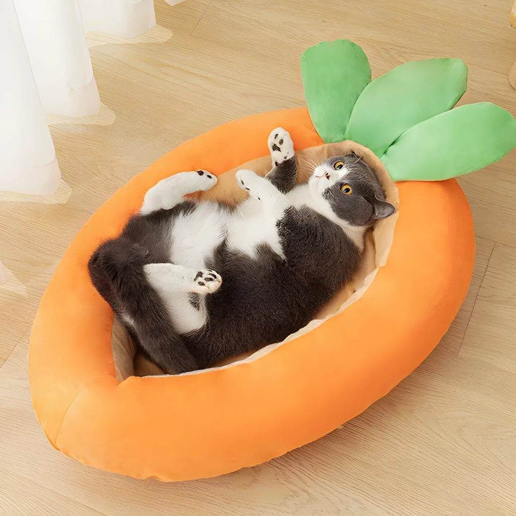 Orange carrot cartoon dog bed with removable cloth cover in medium and large sizes