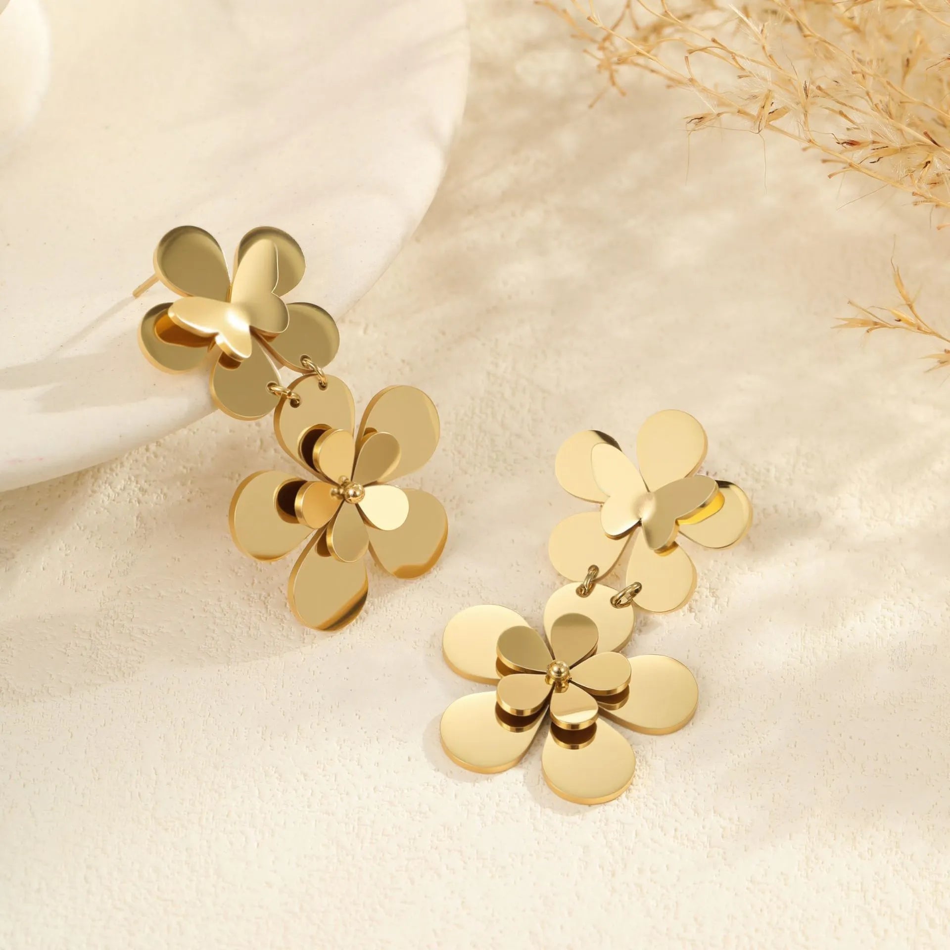 Gold electroplated stainless steel flower butterfly earrings for women