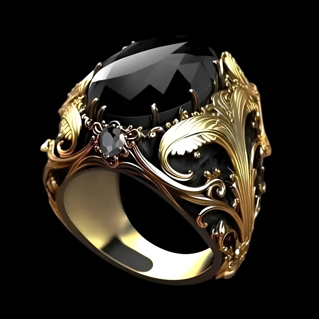 Men's silver geometric pattern wide face ring with imitation ink colour gem ornamentation