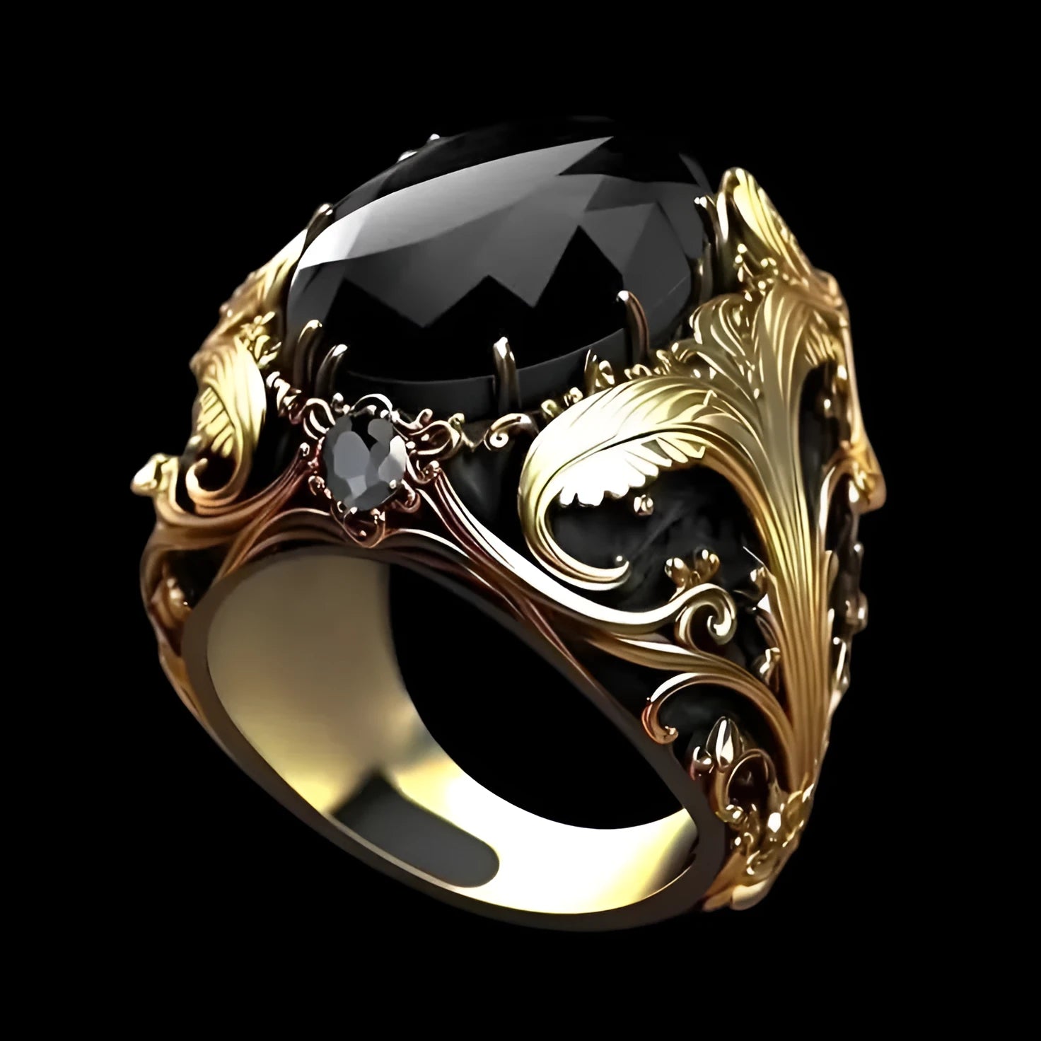 Men's silver geometric pattern wide face ring with imitation ink colour gem ornamentation