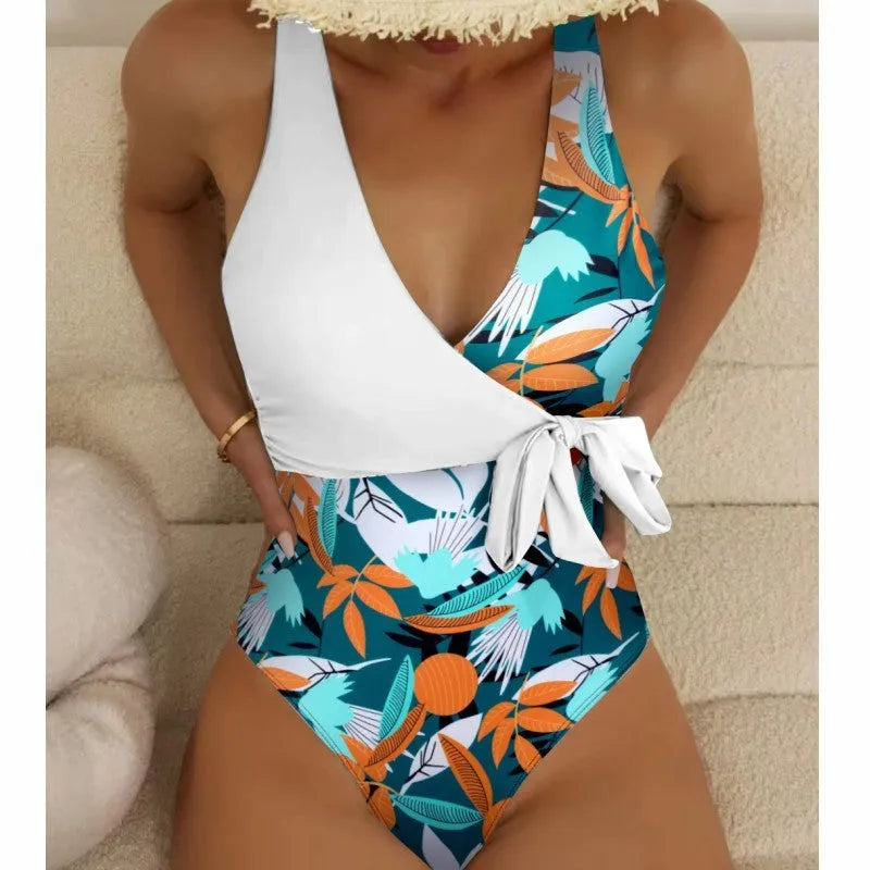 Women's high waist one-piece bikini swimsuit with printed pattern