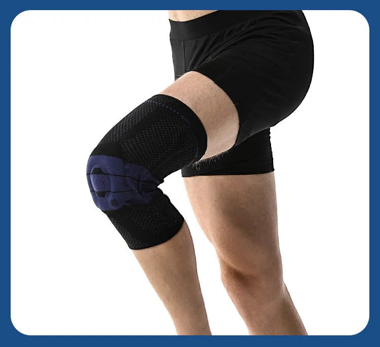 Adult sports kneepad in nylon and spandex for basketball running protection, showing black and blue colour option