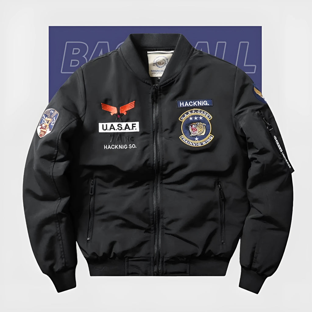 Men's slim-fit Harley motorcycle embroidered cotton-padded coat in blue with stand collar and patch pockets