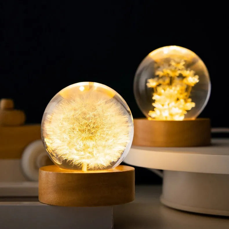 3D dandelion crystal ball lamp on beech wood base with USB cable
