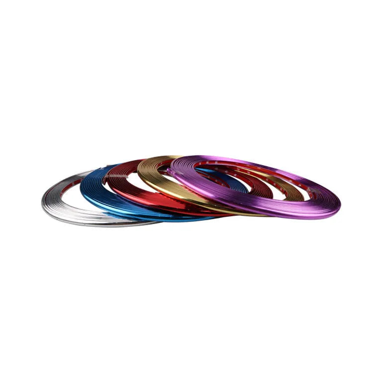Electroplated purple PVC wheel hub trim stickers showing 8-metre anti-collision strip roll