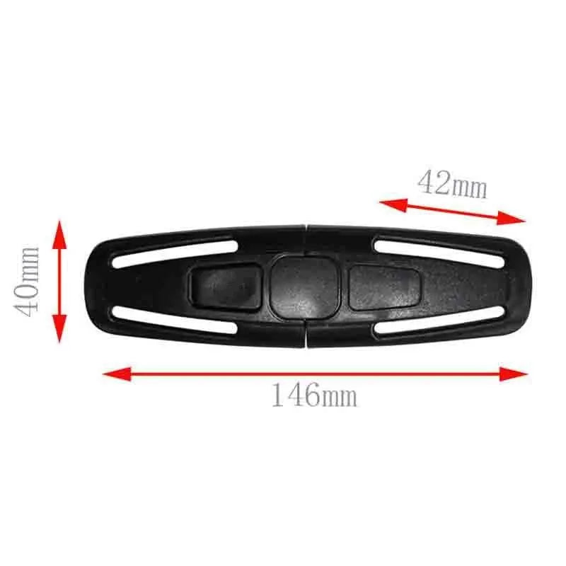 Black nylon seat belt buckle clip for child car seat 5-point harness, measuring 14.5cm by 4cm