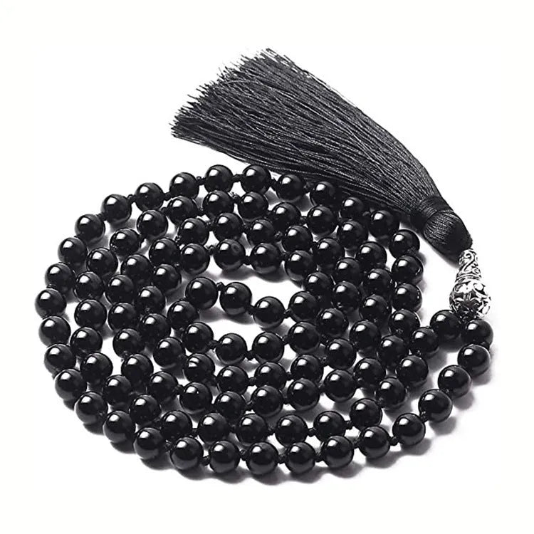 Agate geometric tassel necklace with amethyst blue pattern and multiple coloured stones at 95-100cm length
