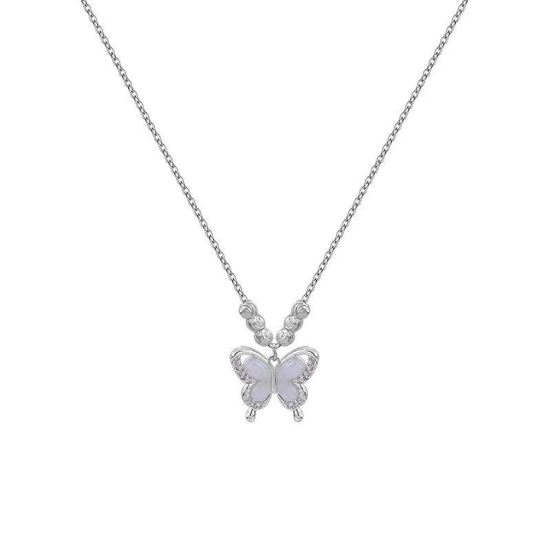Women's square line opal butterfly necklace in silver with adjustable cross chain