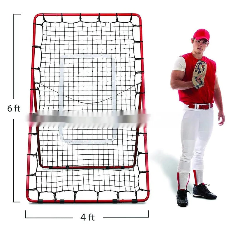 Red portable baseball training net with adjustable metal frame shown at 4x6 foot size
