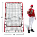 Red portable baseball training net with adjustable metal frame shown at 4x6 foot size