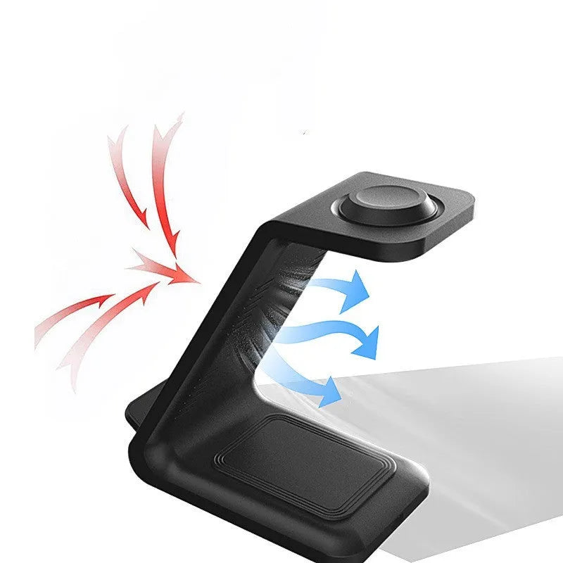 White 3-in-1 wireless charger stand with upright phone holder and dual-coil charging pad