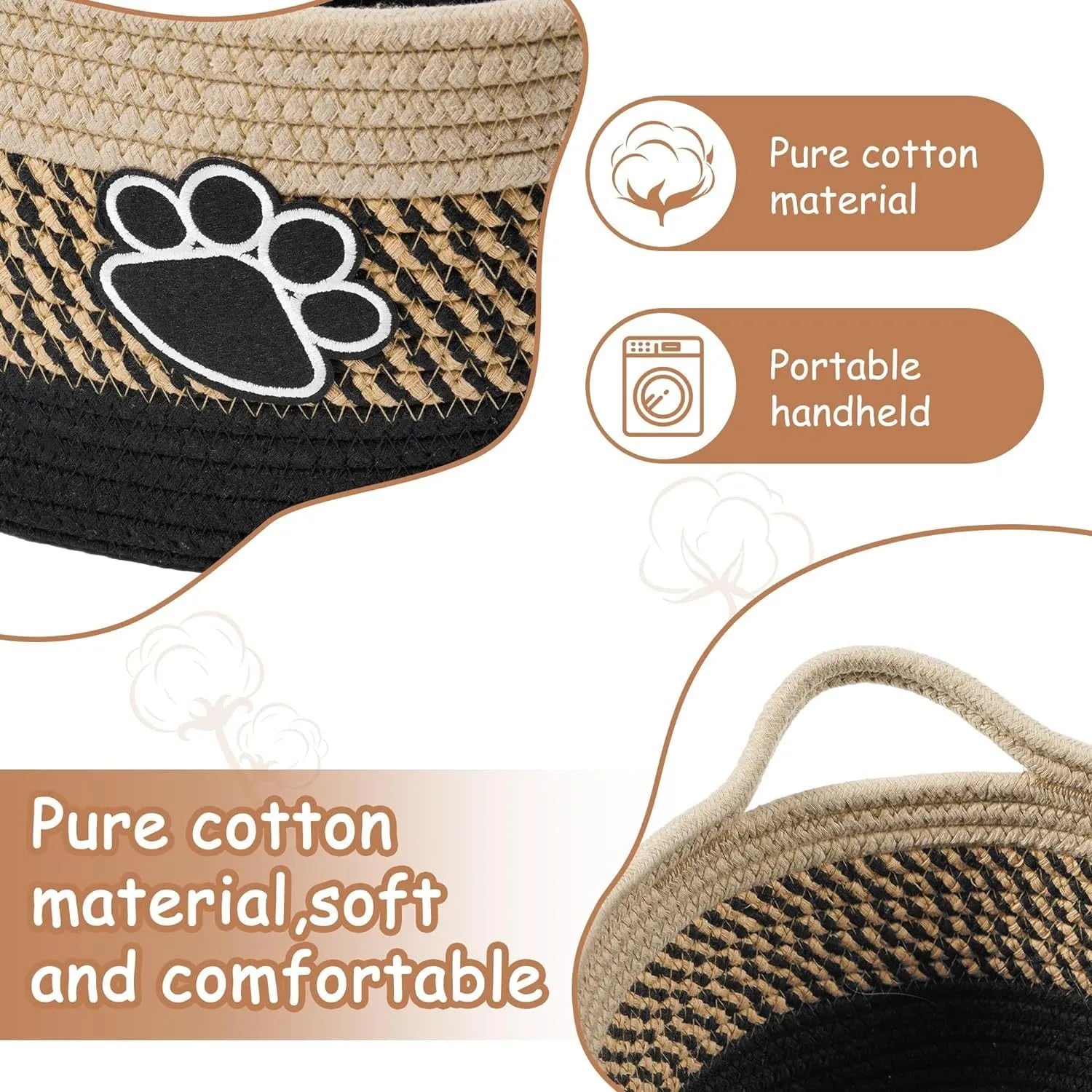 Small light beige handmade cotton rope storage basket with a wooden handle.