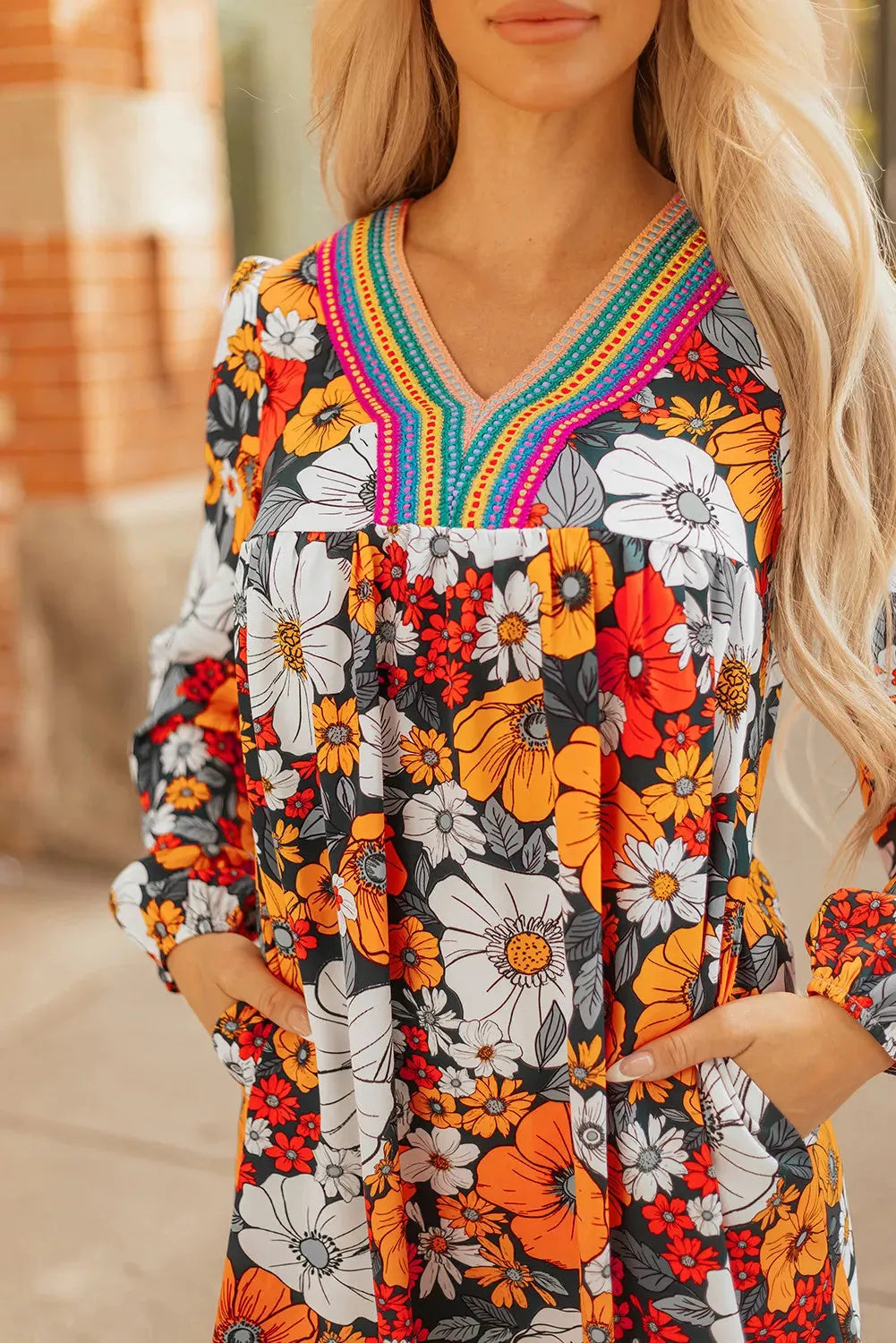 Orange floral striped lace V neck mini dress with long sleeves