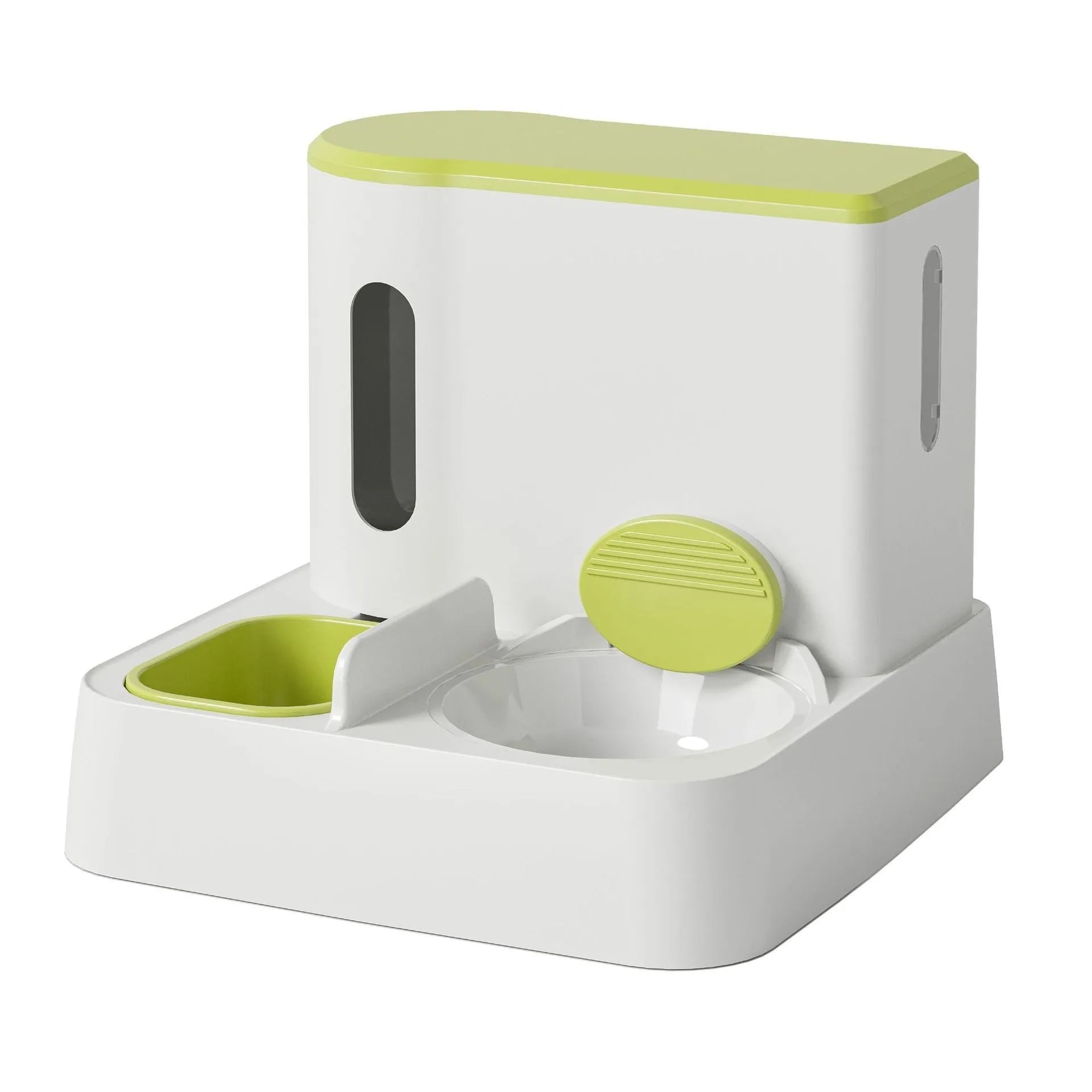 Grey automatic cat feeder with integrated water dispenser and double bowl design