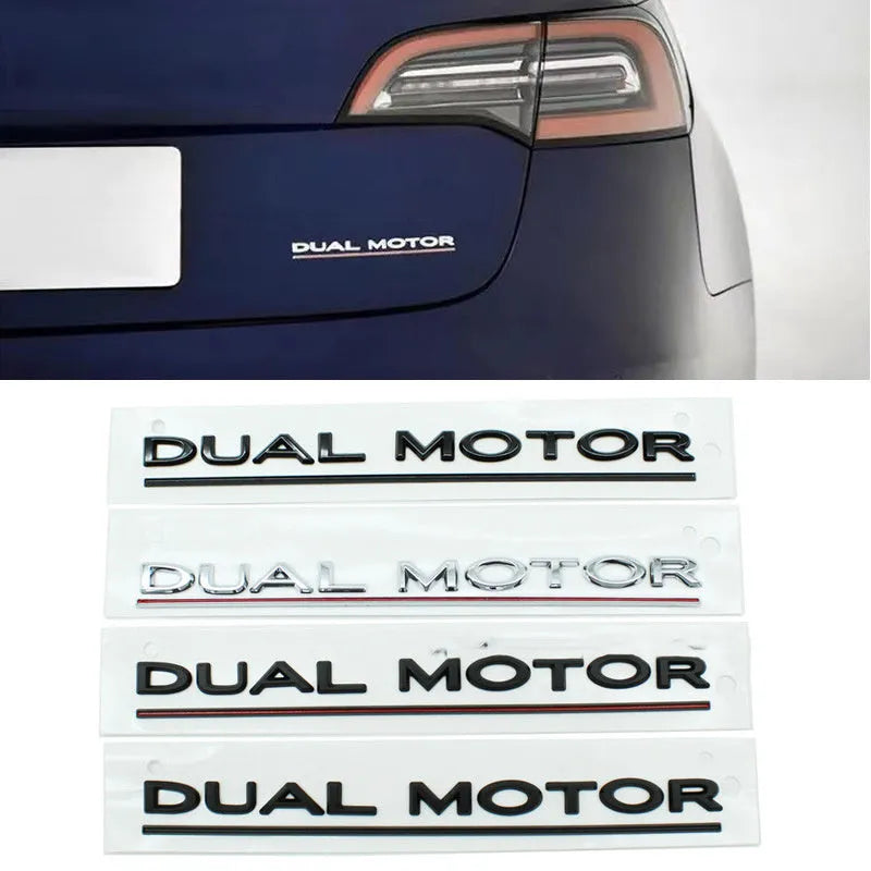 ABS plastic performance lettering bumper sticker for Tesla Model 3 in matte black and red stripes.