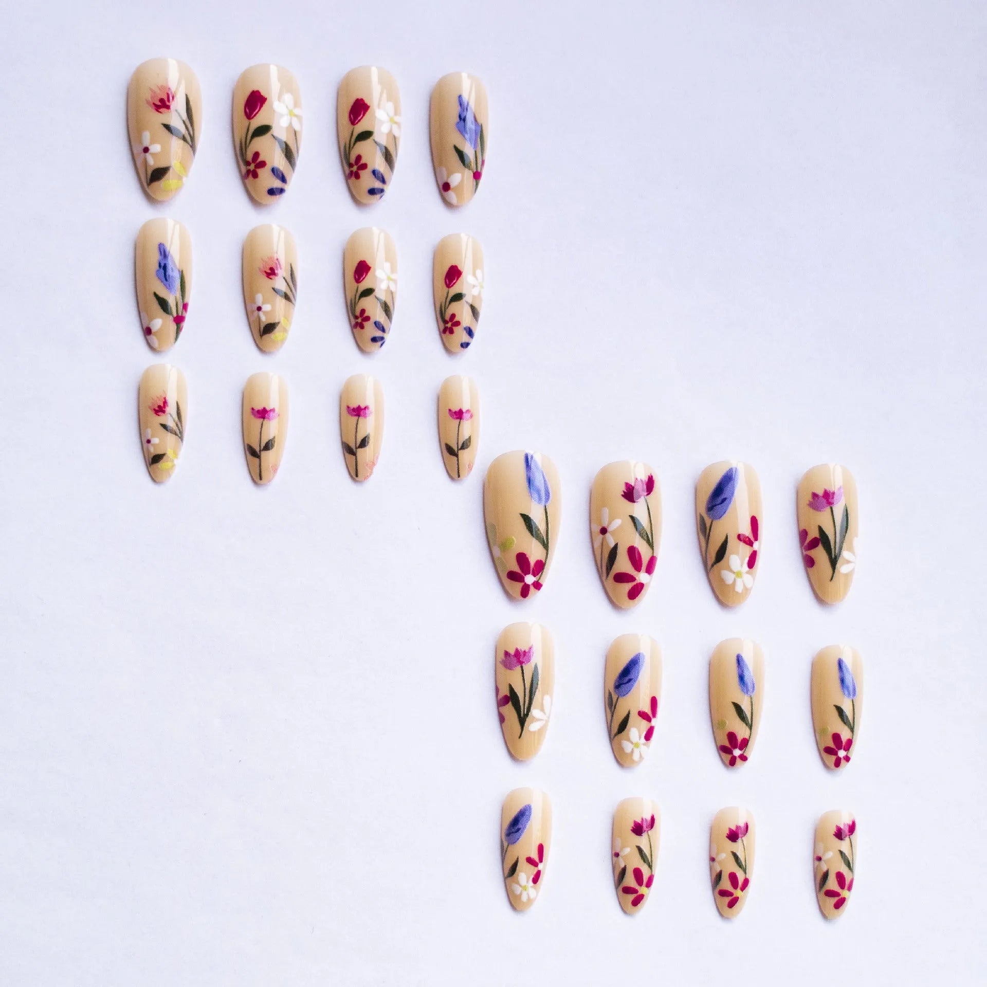 Almond-shaped removable nail armour with floral rose and tulip designs in European American style