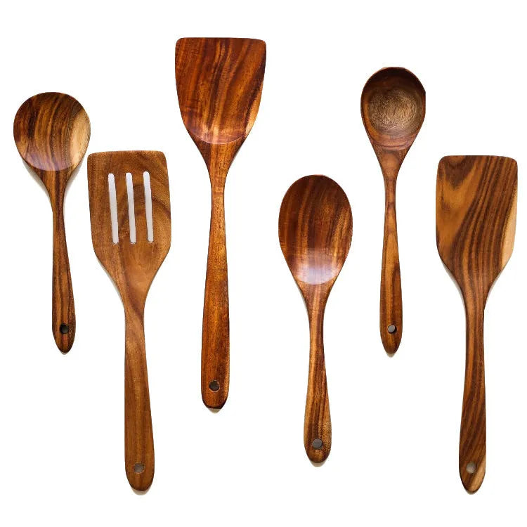 Seven wooden cooking utensils including spoons and shovels for non-stick pan protection