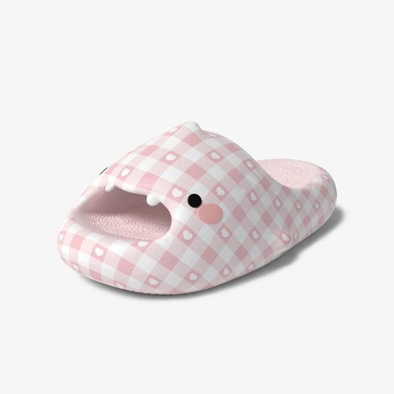 Couple matching non-slip EVA shark sandals with cartoon design, blue and pink colour options