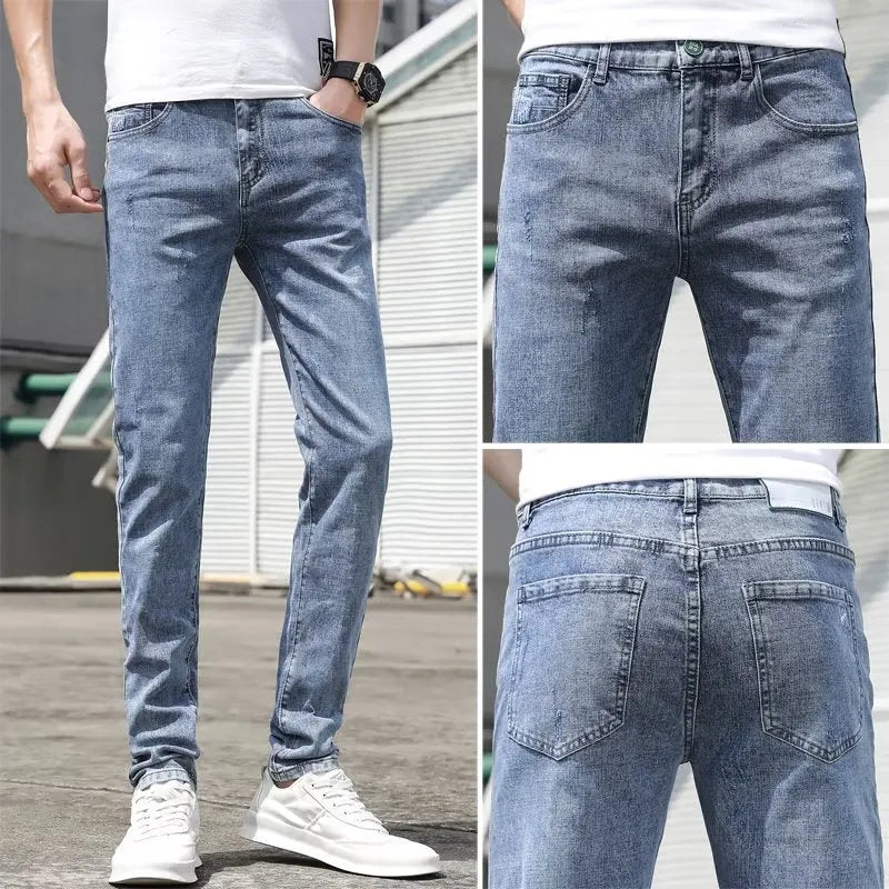 Men's Korean-style light blue tapered jeans with polyester denim blend fabric