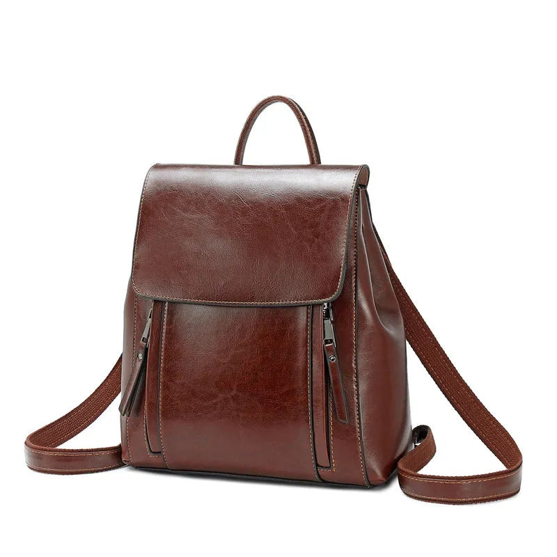 Genuine leather women's backpack large capacity with multiple compartments in black colour