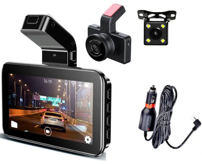 3-inch screen dual lens car dashboard camera DVR with front and rear cameras on a car dashboard.
