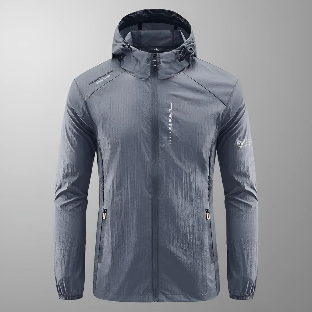 Men's lightweight grey summer hooded jacket on a hanger