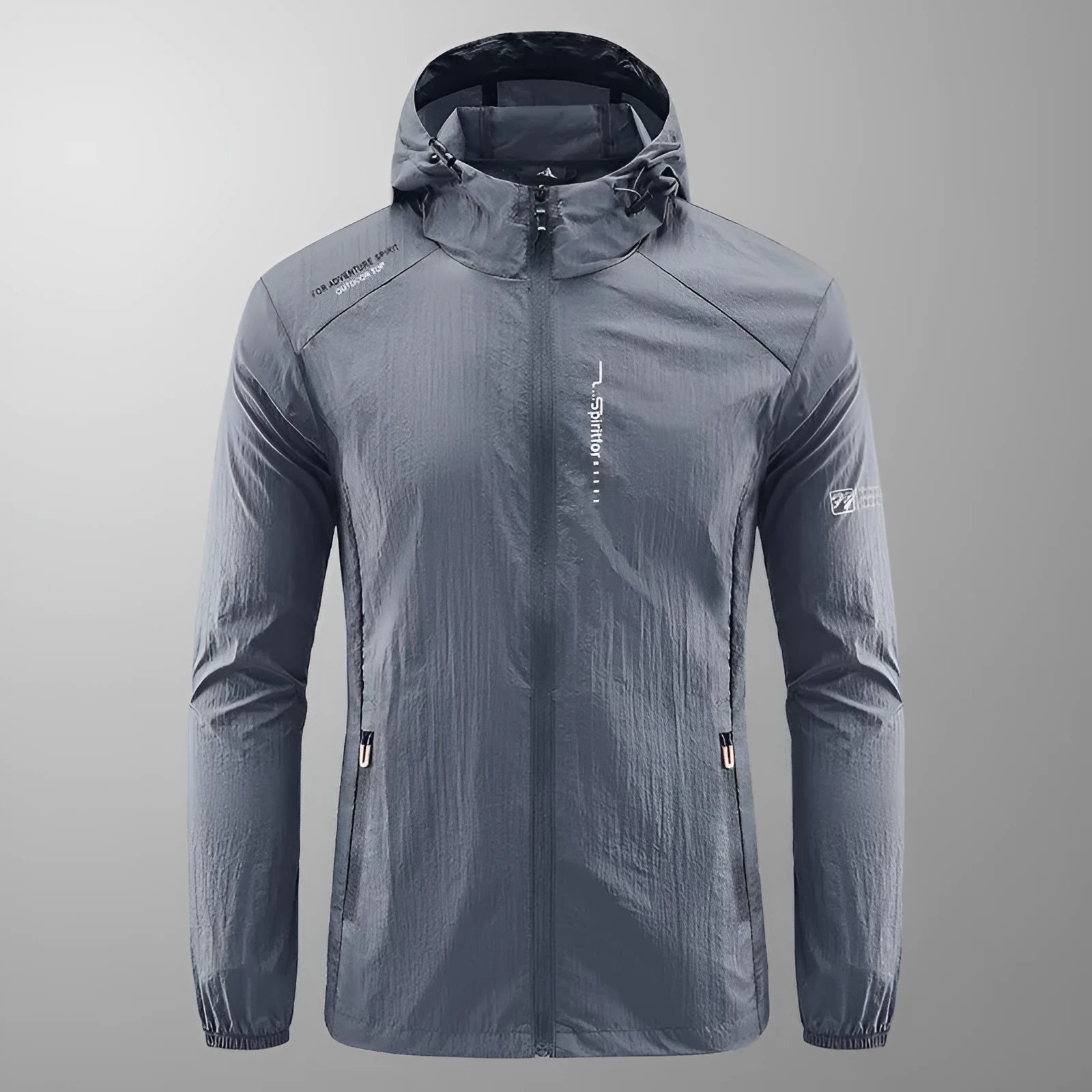 Men's lightweight grey summer hooded jacket on a hanger