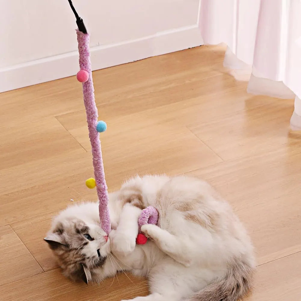Blue cat wand toy with long plush strip and colourful fluffy ball with bell