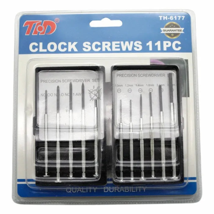 TH-6177 11-piece clock screwdriver set with cross and one line heads on display