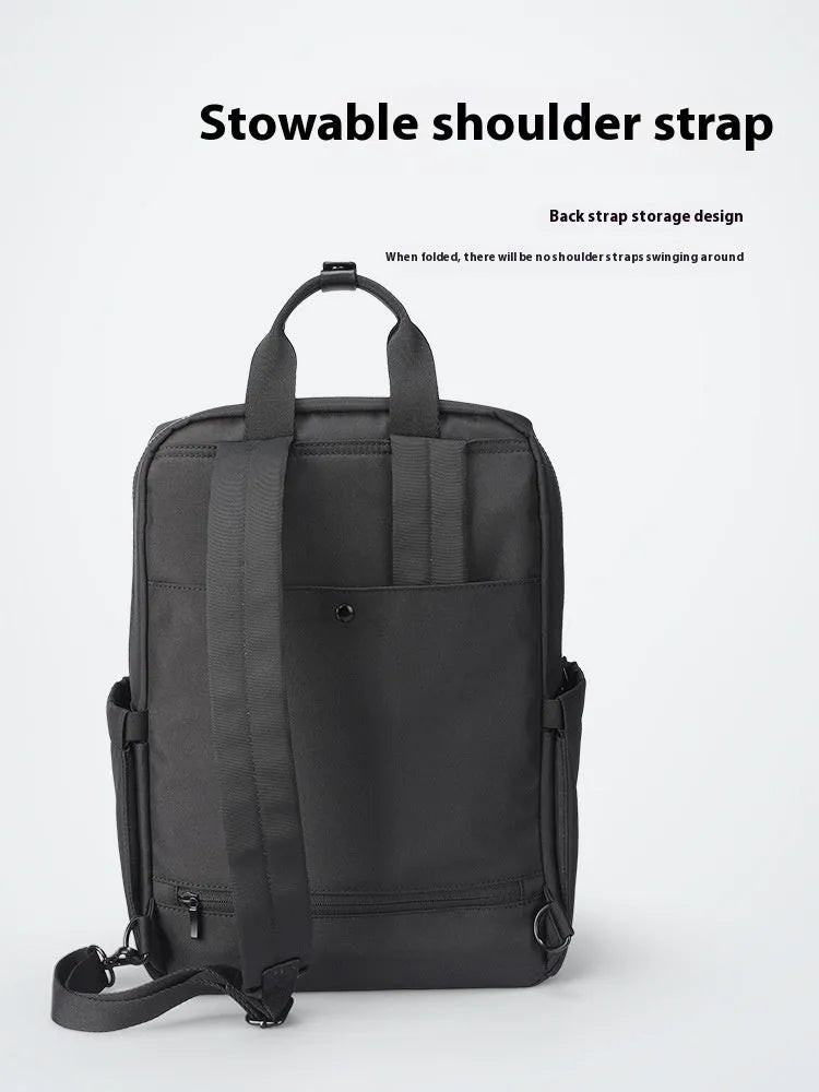 Black Oxford cloth laptop backpack showing 20-35L capacity and lightweight design.