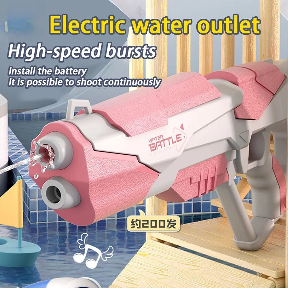 Blue electric space water gun with trigger, shown with USB charging cable and battery.