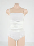 Women's blue sling style one-piece swimsuit with a belted pleated waist detail on a model.