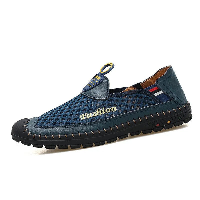Men's brown casual mesh shoes with round toe and non-slip rubber sole on a white background.