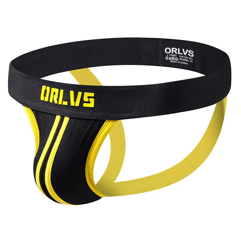Men's low rise cotton thong double belt backless solid colour yellow blue red white