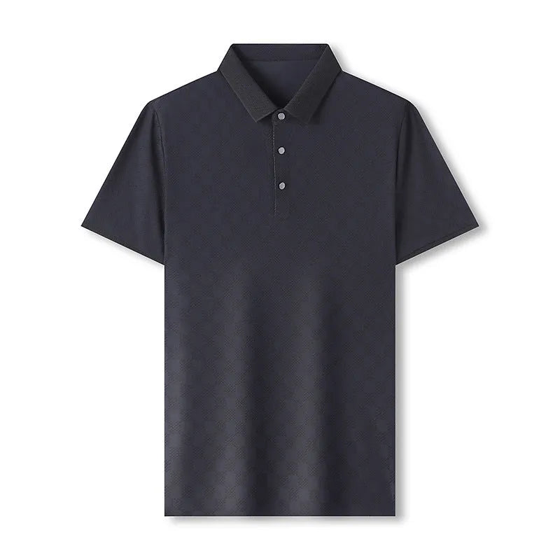 Rhombus pattern thin ice silk short sleeve t-shirt in black, showing split hem design detail.