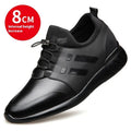 Men's black casual height increasing shoes in leather, Lycra and mesh with an invisible chunky heel.
