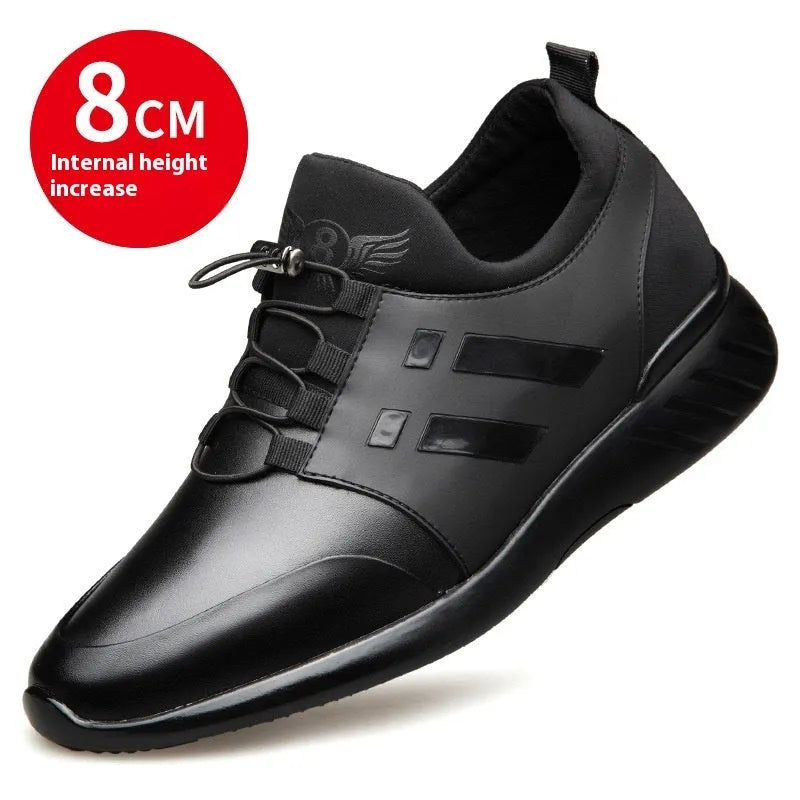 Men's black casual height increasing shoes in leather, Lycra and mesh with an invisible chunky heel.