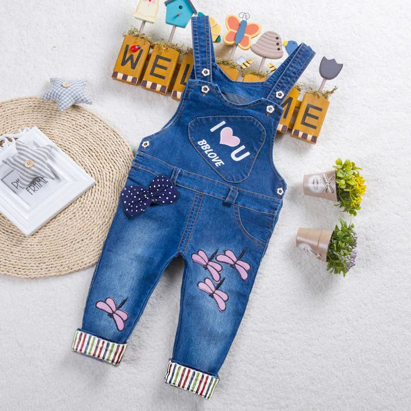 Blue dog print cotton blend kids strap jeans with suspender for boys and girls
